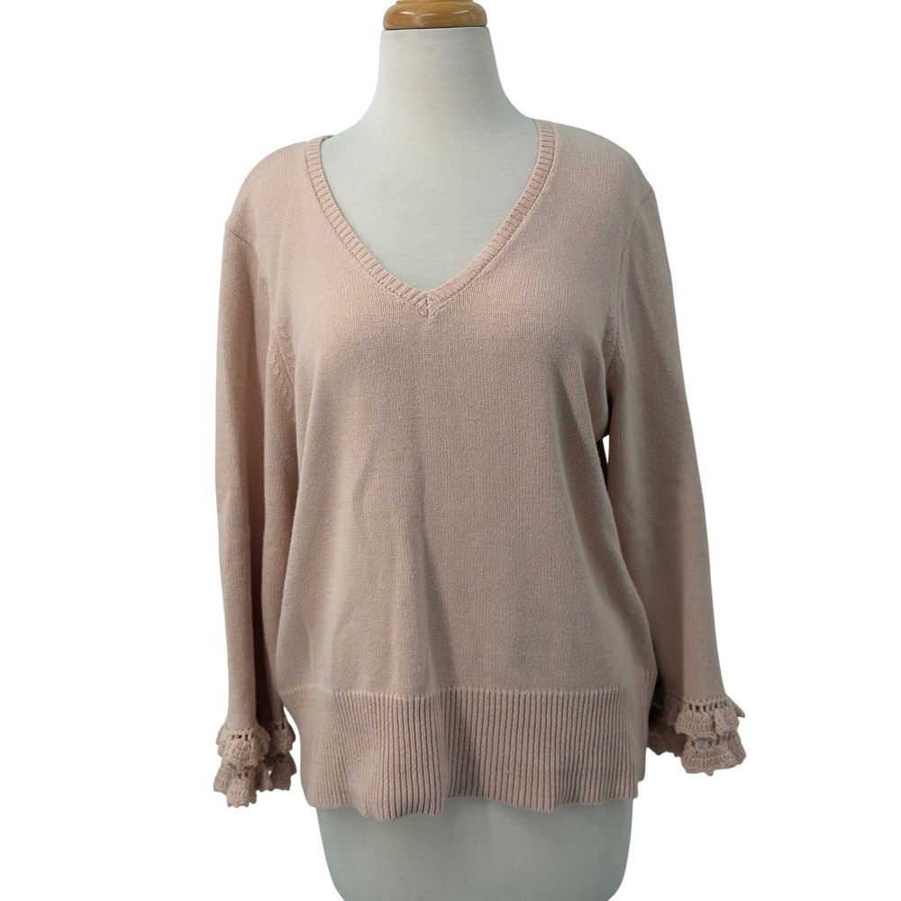 Joseph A. Womens Blush Pink V-Neck Ruffle Crochet Cuff Cotton Blend Sweater XL